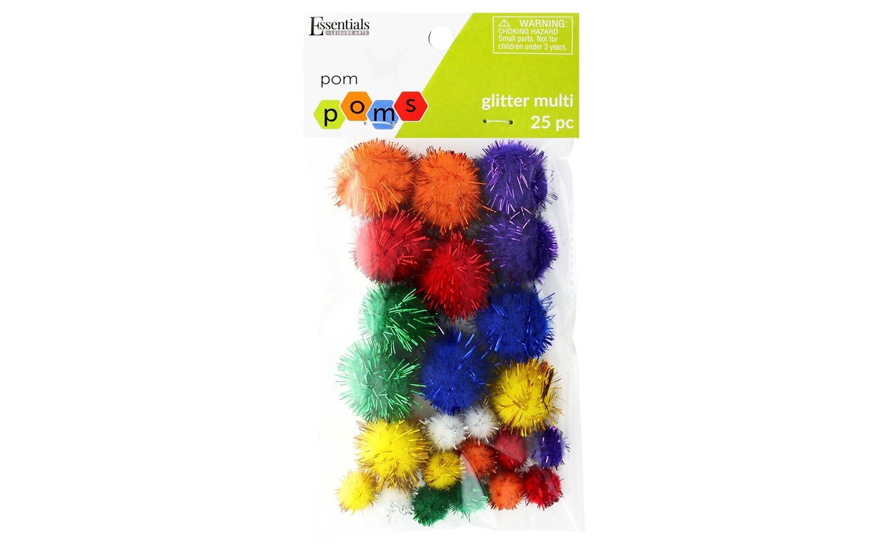 Essentials by Leisure Arts Pom Poms - Glitter Multi-Colored -Assorted Sizes  - 25 piece pom poms arts and crafts - colored pompoms for crafts - craft  pom poms - puff balls for crafts